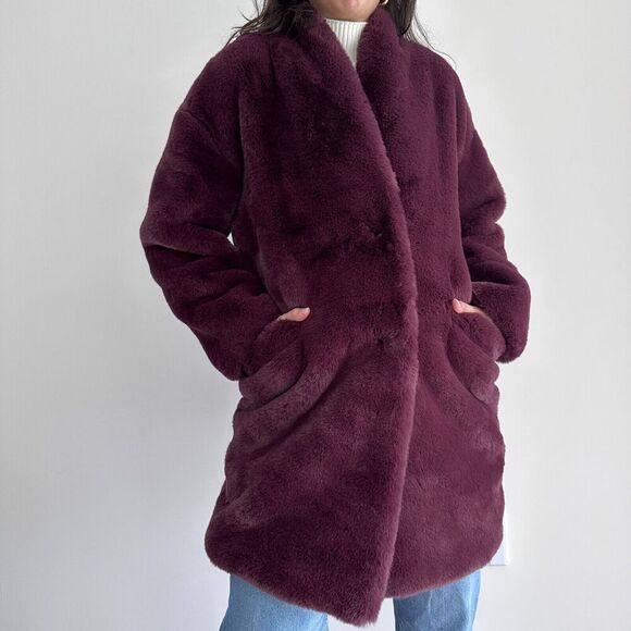 Abercrombie & Fitch Coat Womens Medium Faux Fur Shearling Teddy Burgundy Wine - Picture 3 of 11